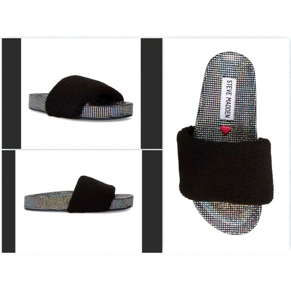 STEVE MADDEN SHEAR FAUX FUR BLACK Shimmery dots Slippers  GIRL Youth Sz 4 M